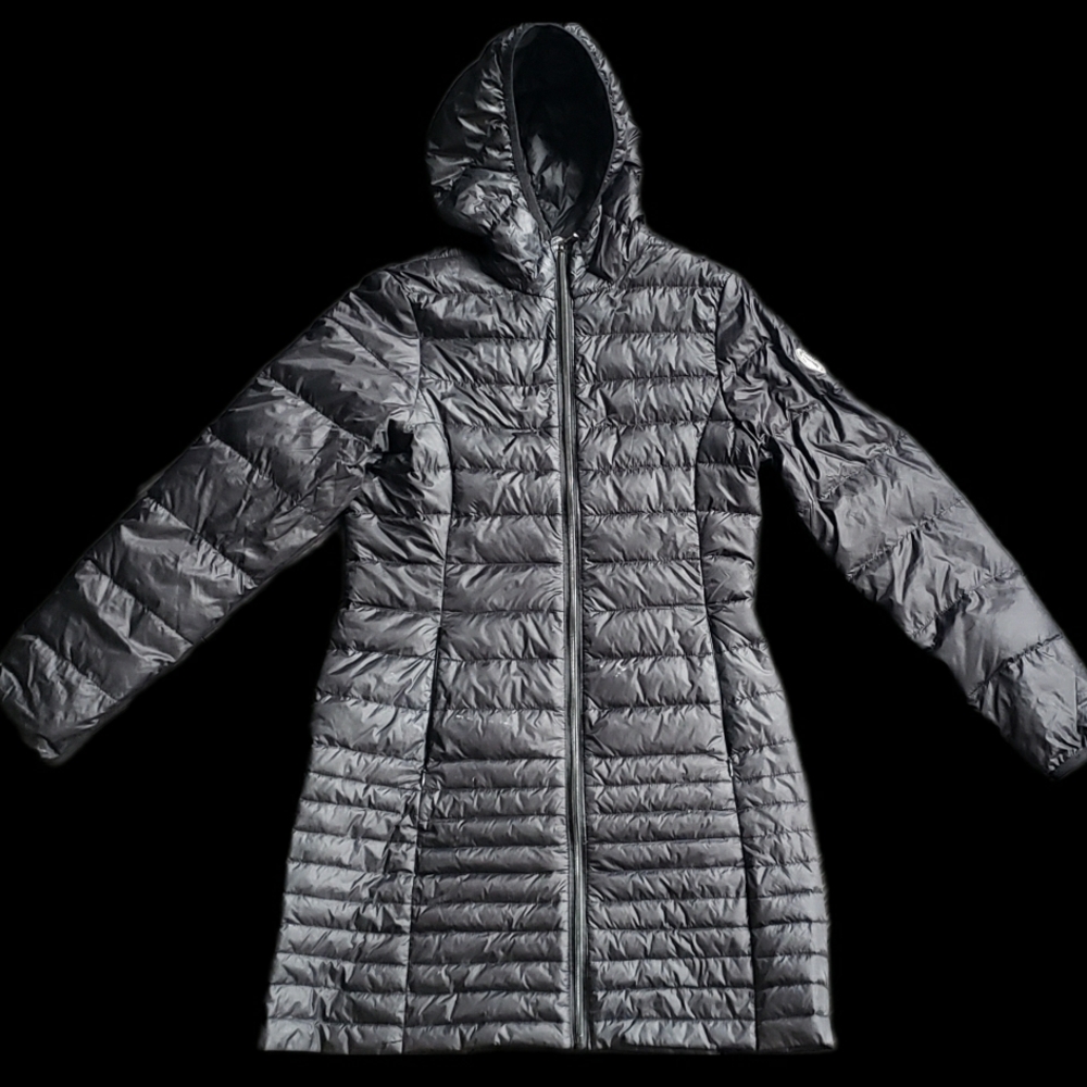 Women's Black Hooded Puffer Coat - Light Goose Down Feather Fill - Designer